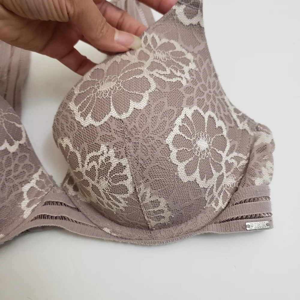 32D Pink Victoria's Secret Gray Floral Lace - Picture 3 of 9